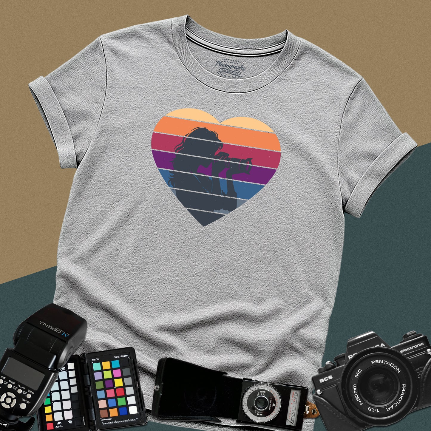 0044. Girl Photographer Silhouette Retro Sunset Heart Unisex T-Shirt