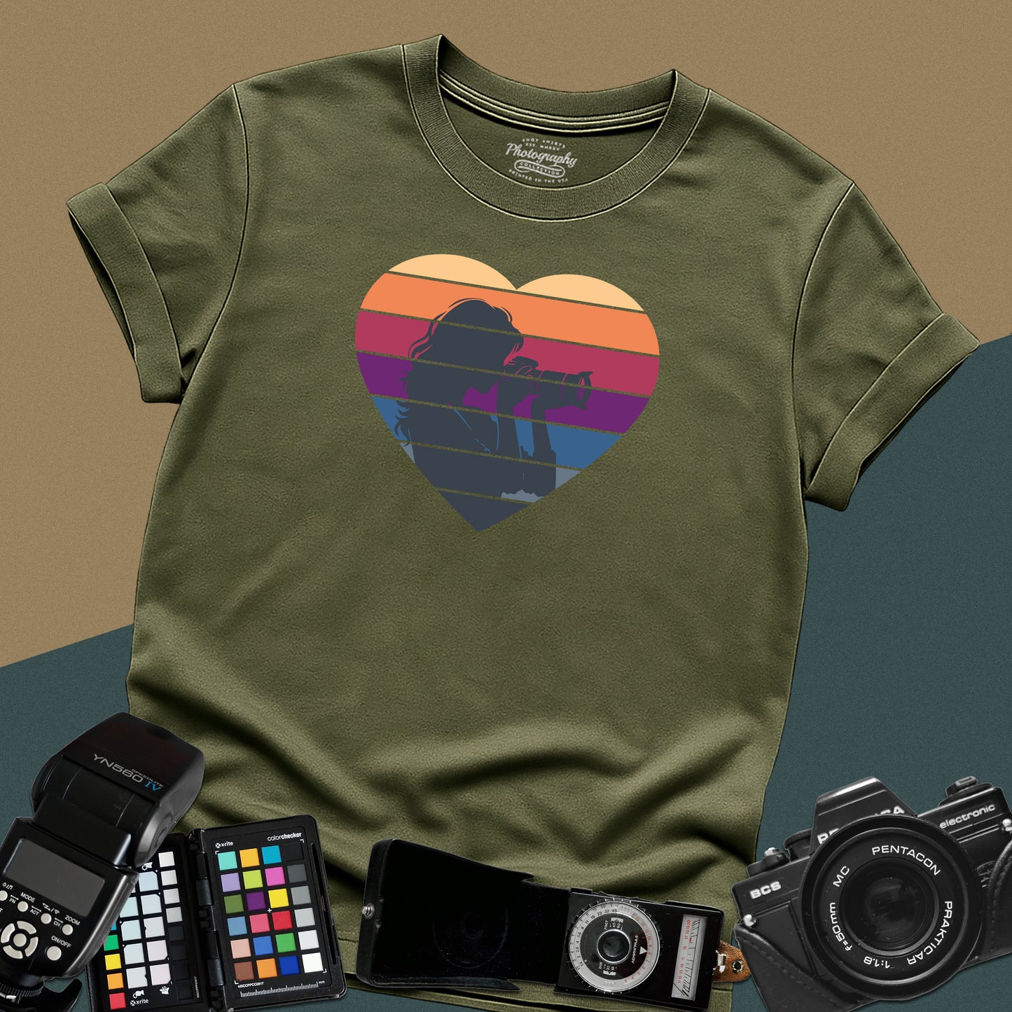 0044. Girl Photographer Silhouette Retro Sunset Heart Unisex T-Shirt