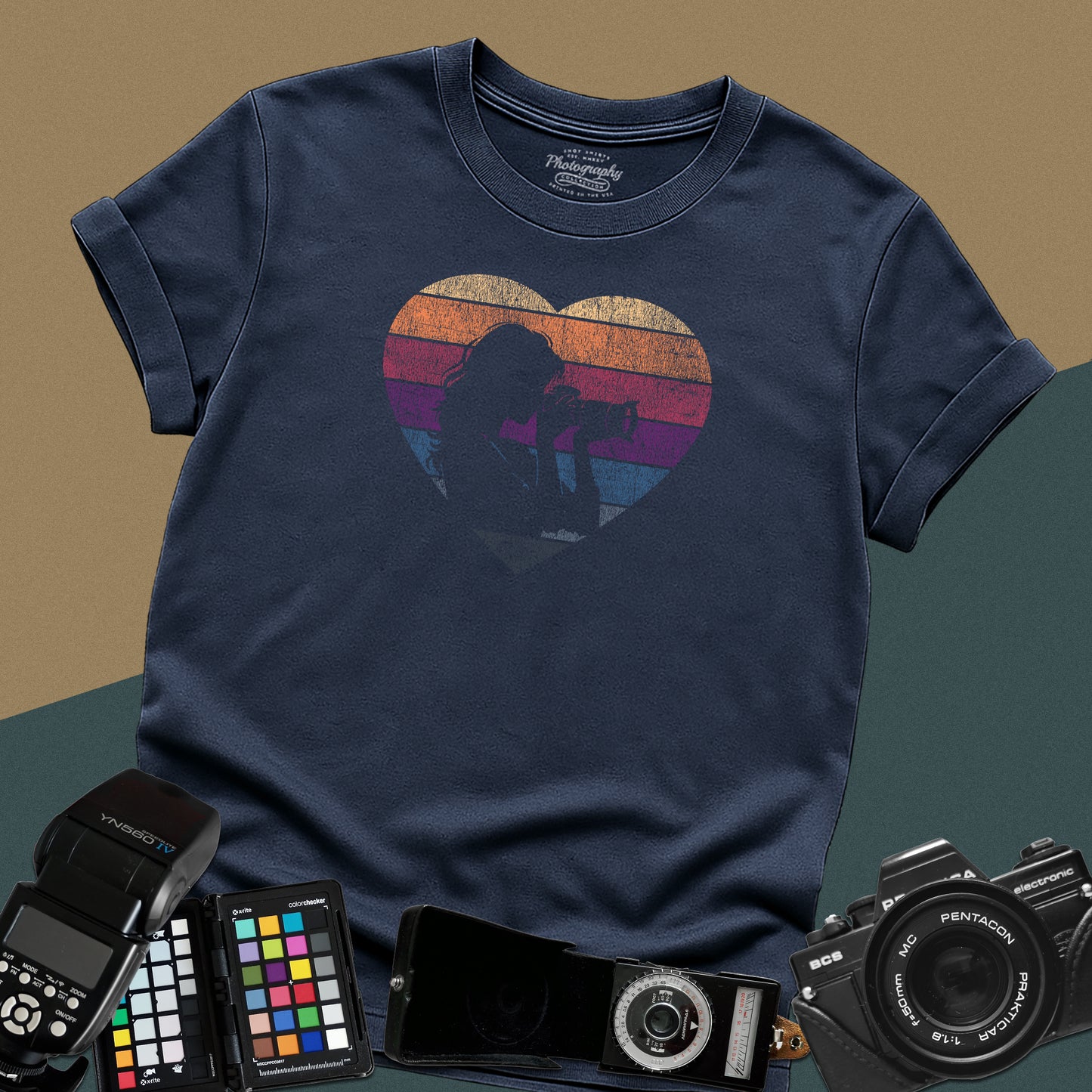 0044. Girl Photographer Silhouette Retro Sunset Heart Unisex T-Shirt