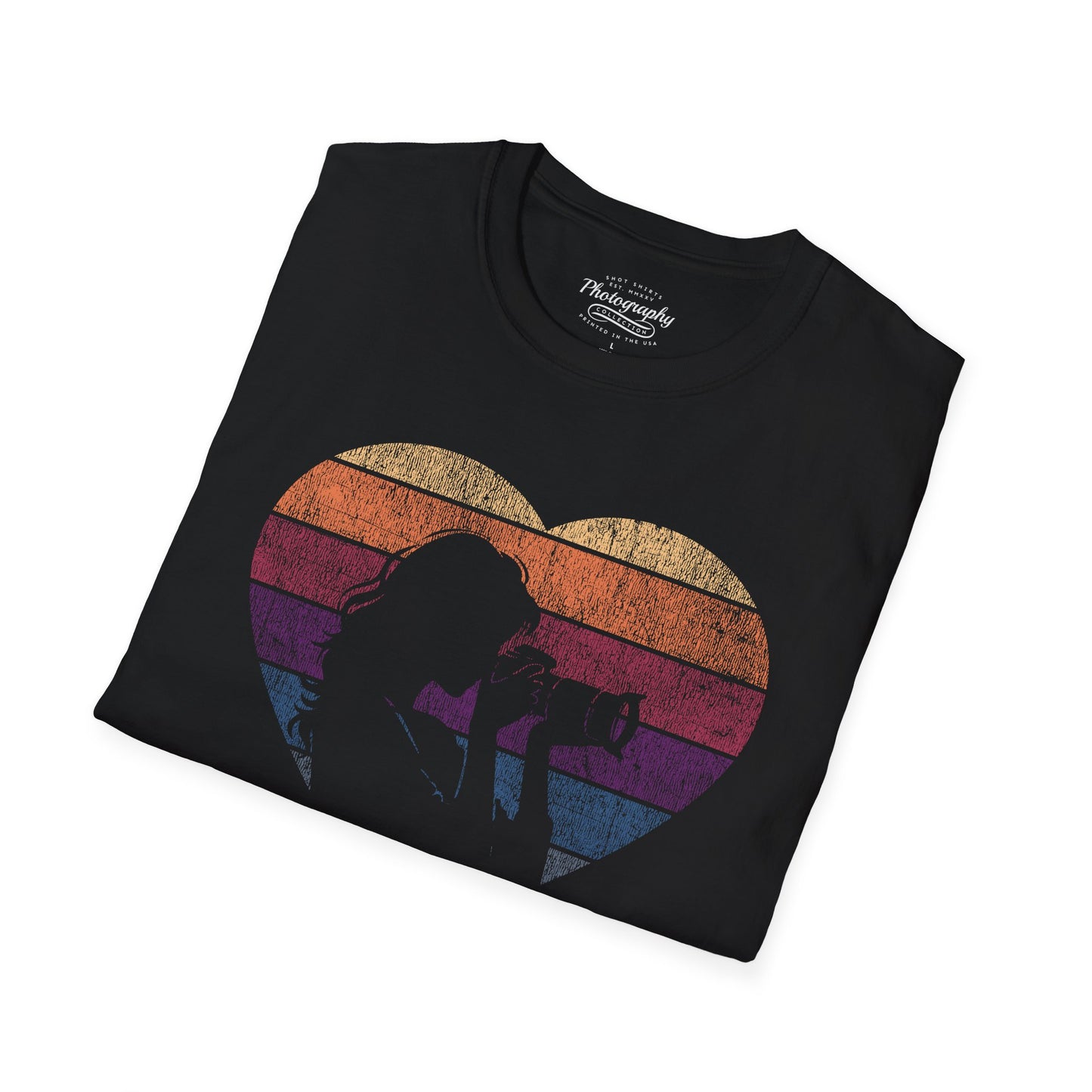 0044. Girl Photographer Silhouette Retro Sunset Heart Unisex T-Shirt