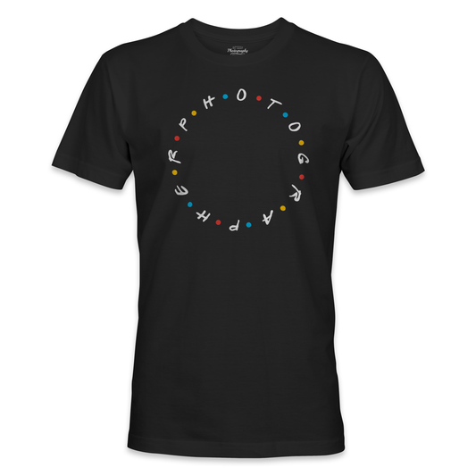 Black t-shirt with colorful text design on a white background