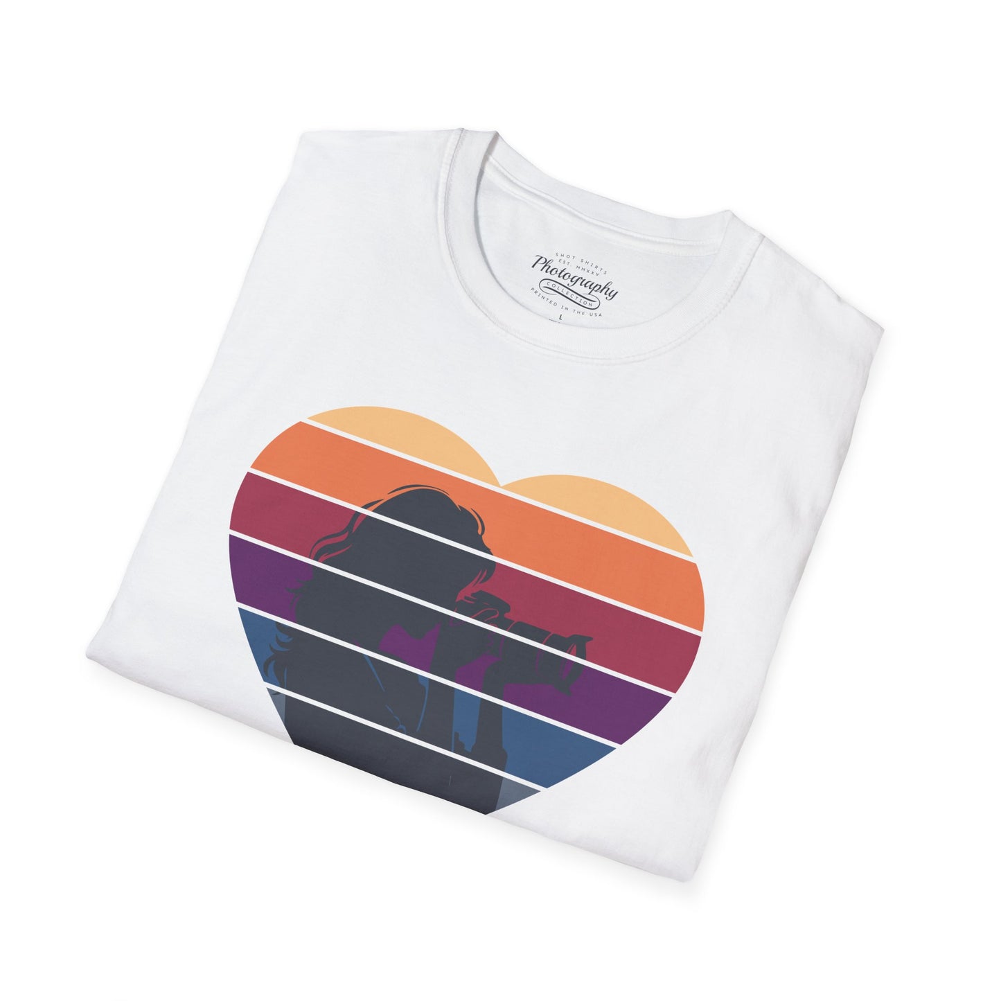 0044. Girl Photographer Silhouette Retro Sunset Heart Unisex T-Shirt