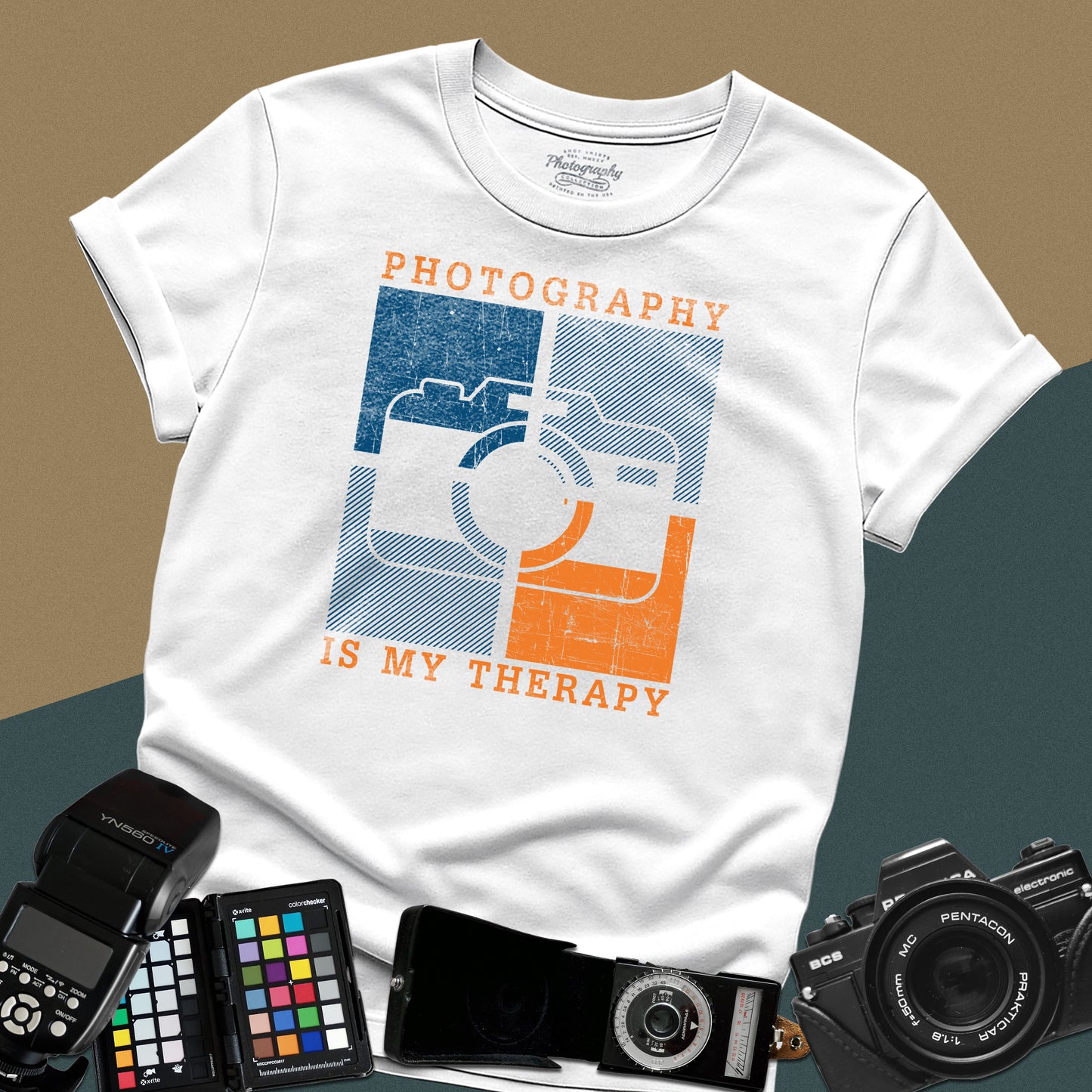 0058. Photography Is My Therapy Colorful Stylized Old Photo Camera Unisex T-Shirt