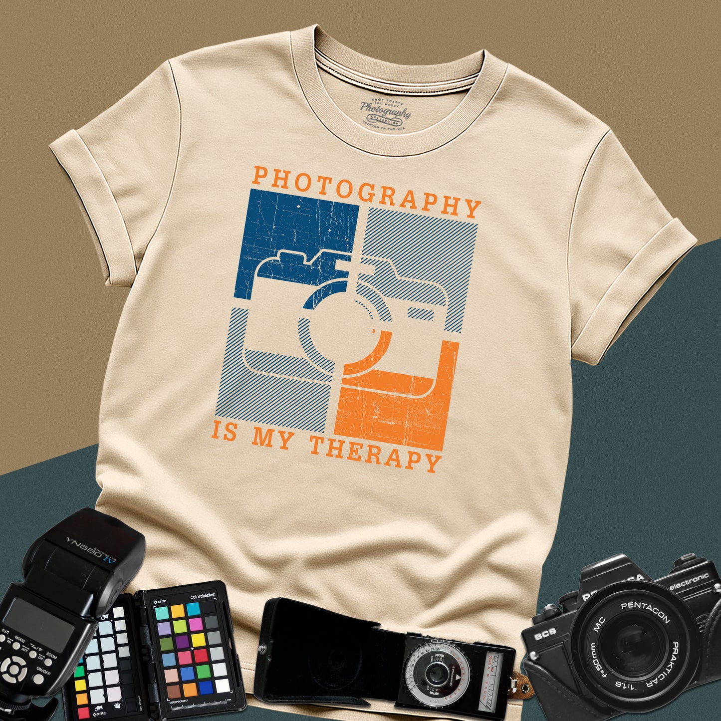 0058. Photography Is My Therapy Colorful Stylized Old Photo Camera Unisex T-Shirt