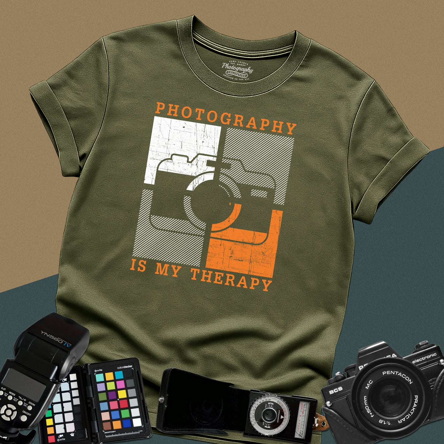 0058. Photography Is My Therapy Colorful Stylized Old Photo Camera Unisex T-Shirt