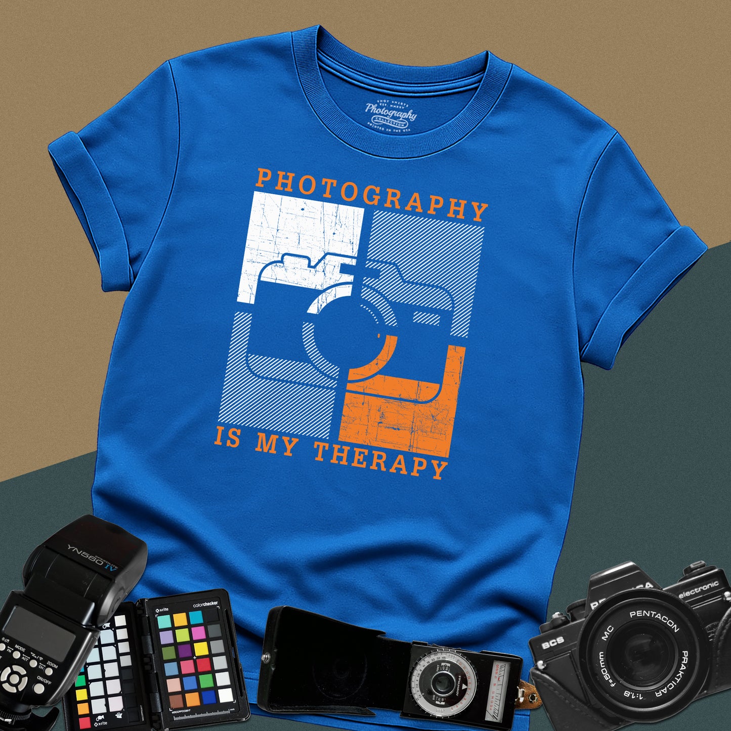 0058. Photography Is My Therapy Colorful Stylized Old Photo Camera Unisex T-Shirt