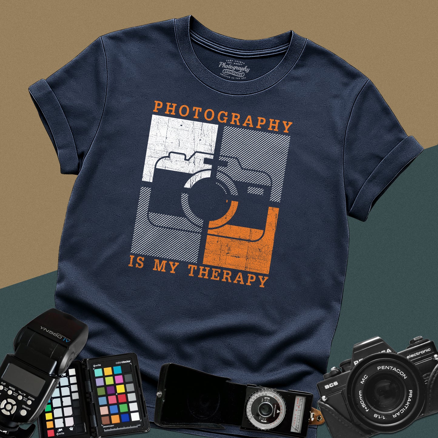 0058. Photography Is My Therapy Colorful Stylized Old Photo Camera Unisex T-Shirt