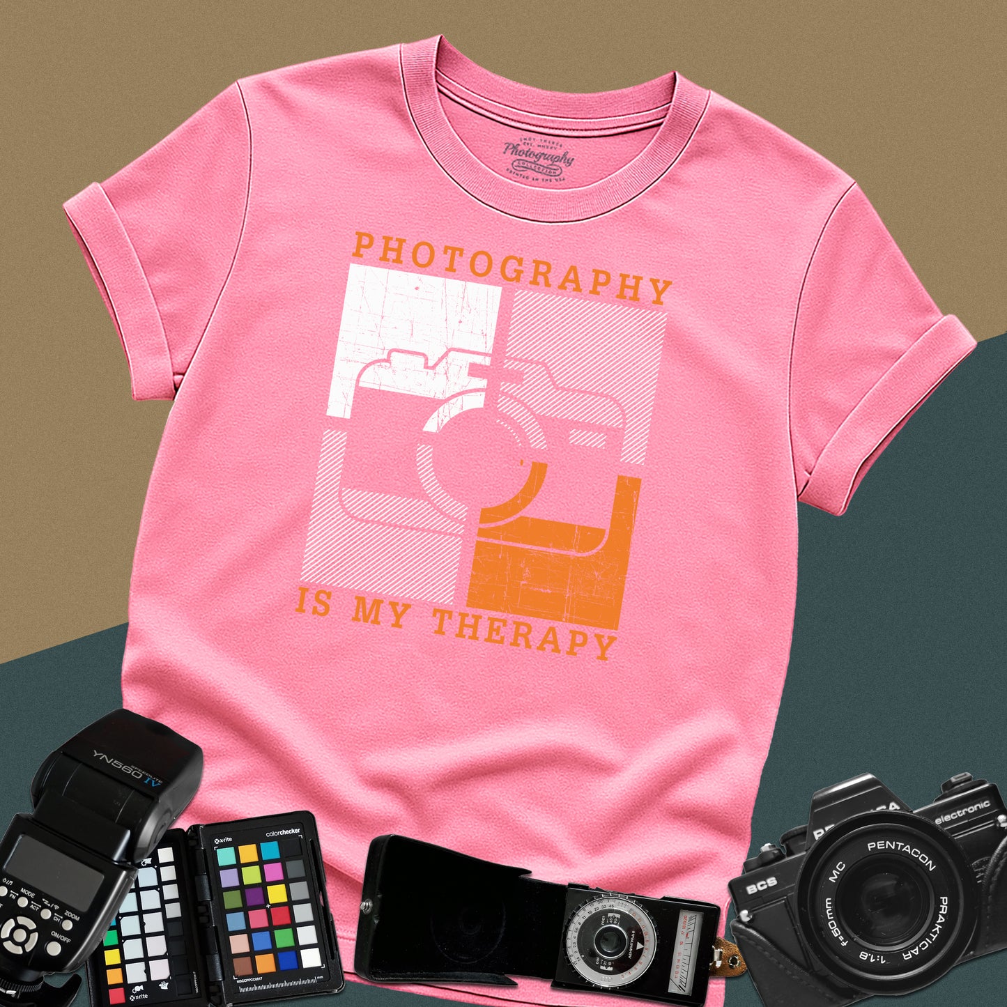 0058. Photography Is My Therapy Colorful Stylized Old Photo Camera Unisex T-Shirt