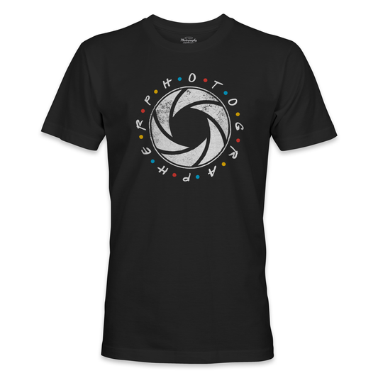 Black t-shirt with a camera lens graphic and 'Photography' text on a white background