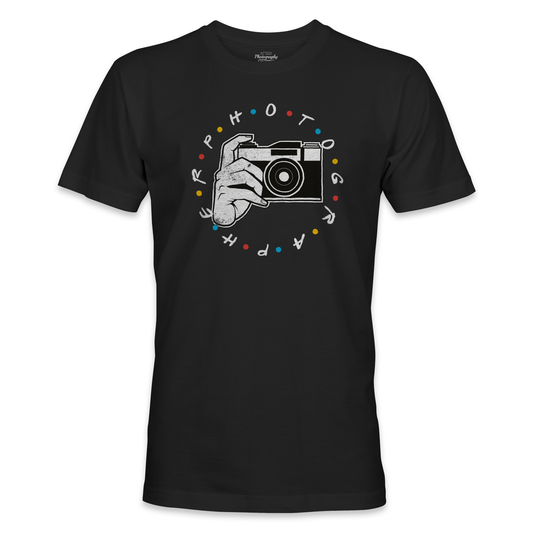 Black t-shirt with a graphic of a hand holding a camera and colorful text on a white background