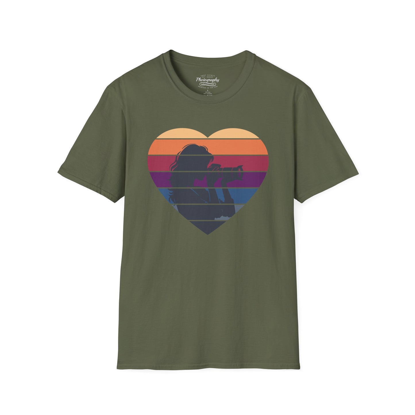 0044. Girl Photographer Silhouette Retro Sunset Heart Unisex T-Shirt