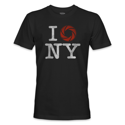 Black t-shirt with 'I shoot NY' design on a white background