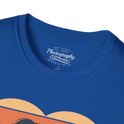 0044. Girl Photographer Silhouette Retro Sunset Heart Unisex T-Shirt