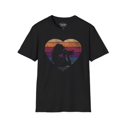 0044. Girl Photographer Silhouette Retro Sunset Heart Unisex T-Shirt