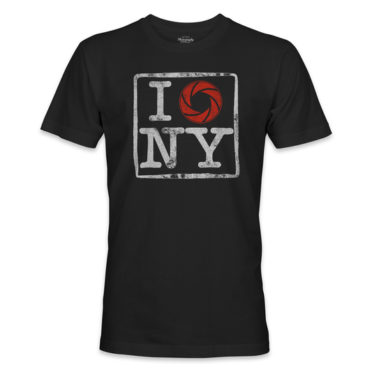 Black t-shirt with 'I shoot NY' design on a white background
