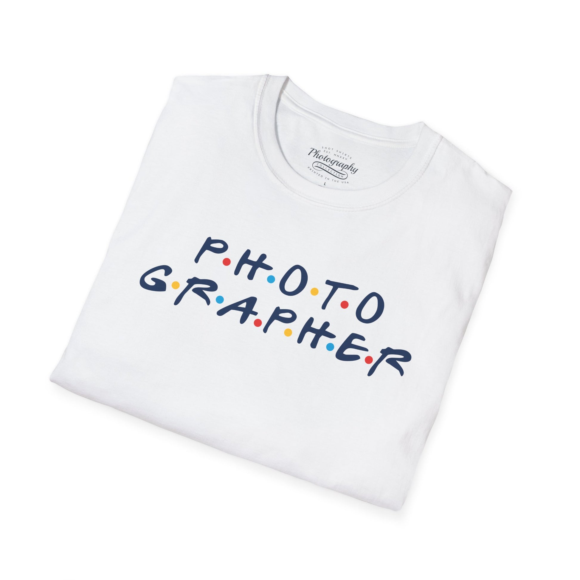 White t-shirt with 'PHOTOGRAPHER' text on a white background