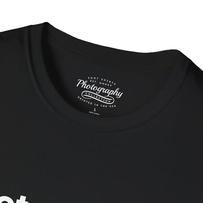 Black t-shirt with white text on the collar