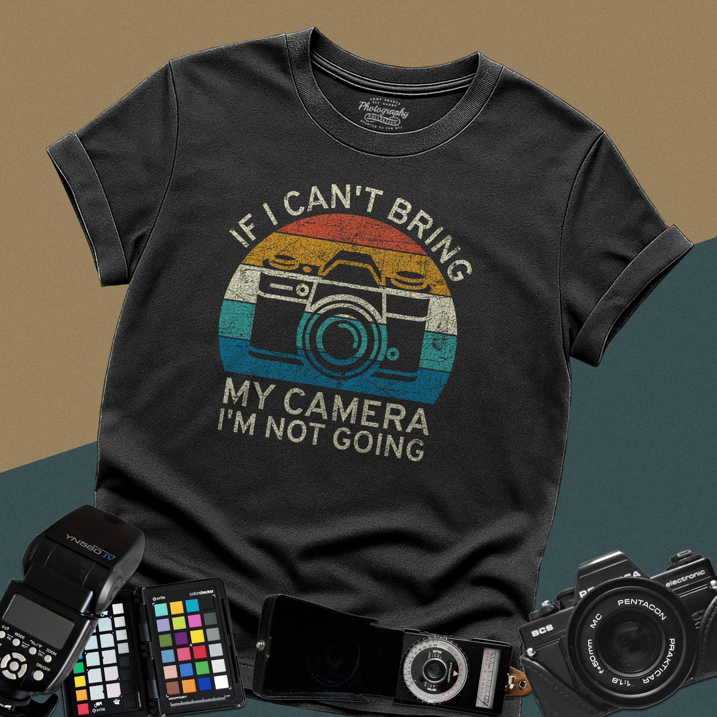0099. If I Can't Bring My Camera I'm Not Going Retro Sunset Photo Camera Unisex T-Shirt