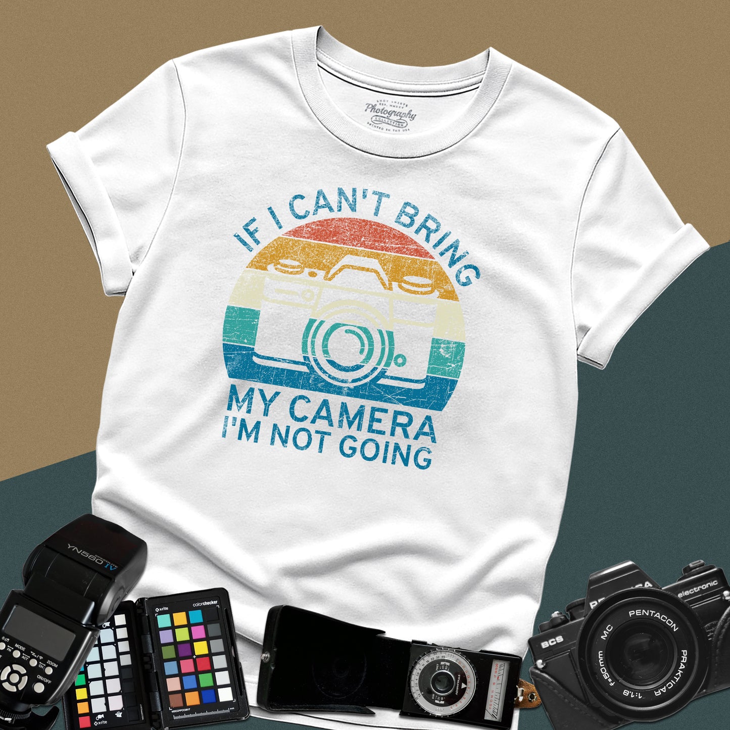 0099. If I Can't Bring My Camera I'm Not Going Retro Sunset Photo Camera Unisex T-Shirt