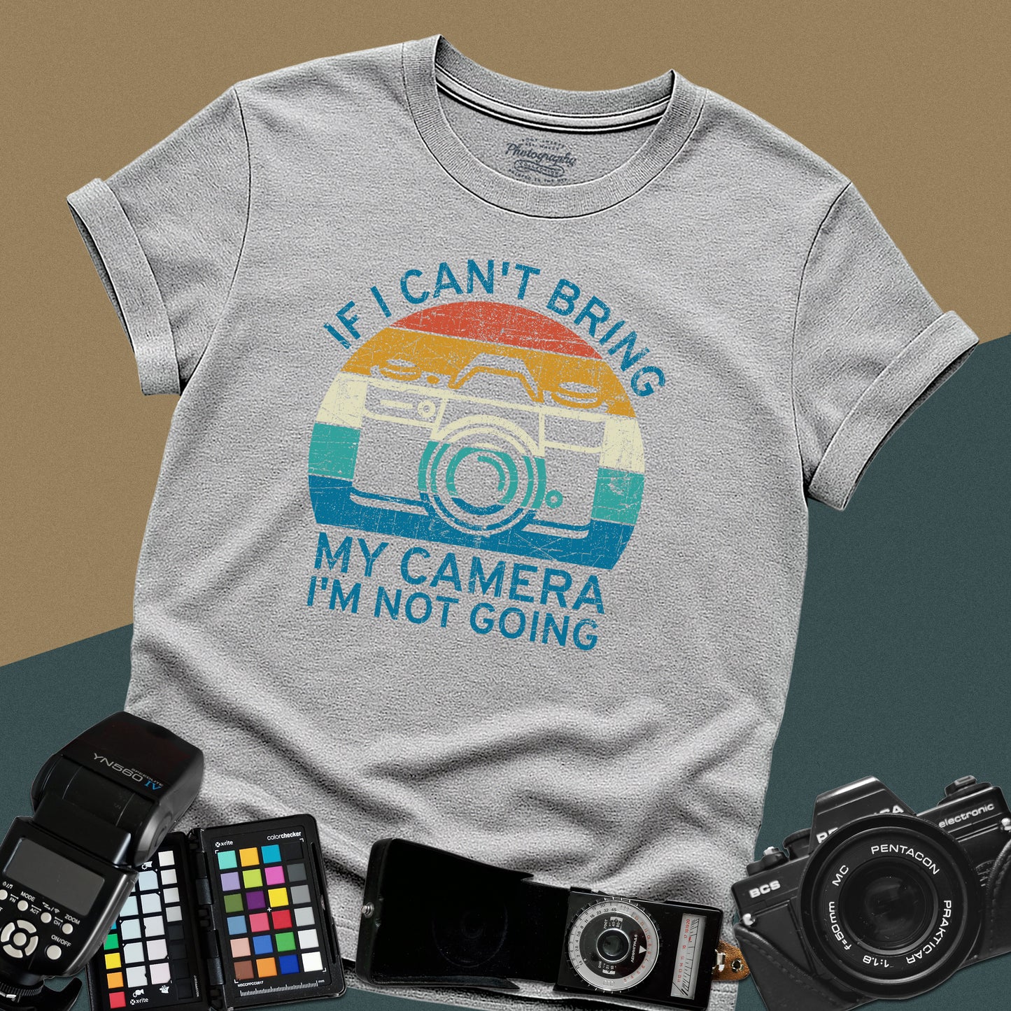 0099. If I Can't Bring My Camera I'm Not Going Retro Sunset Photo Camera Unisex T-Shirt