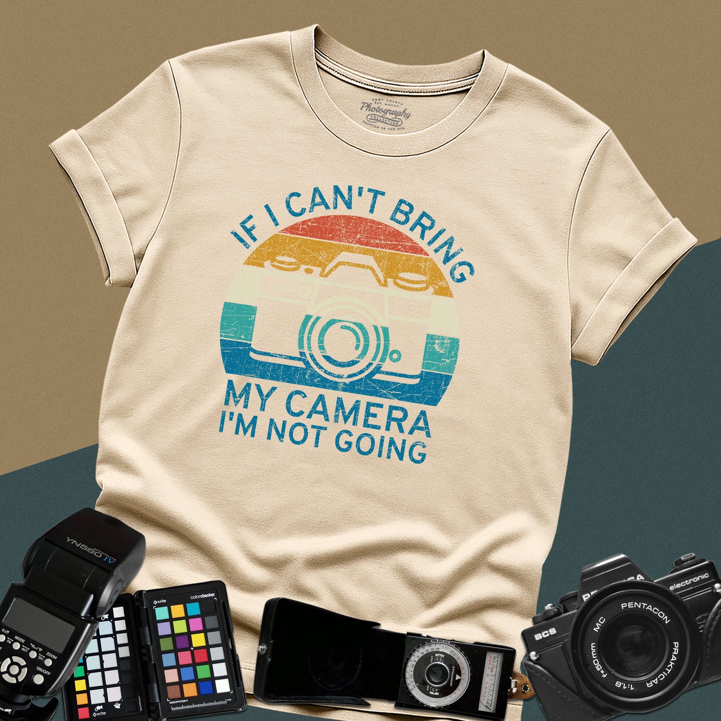 0099. If I Can't Bring My Camera I'm Not Going Retro Sunset Photo Camera Unisex T-Shirt