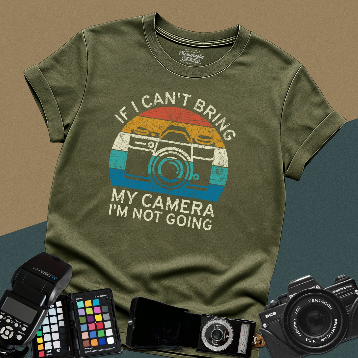 0099. If I Can't Bring My Camera I'm Not Going Retro Sunset Photo Camera Unisex T-Shirt