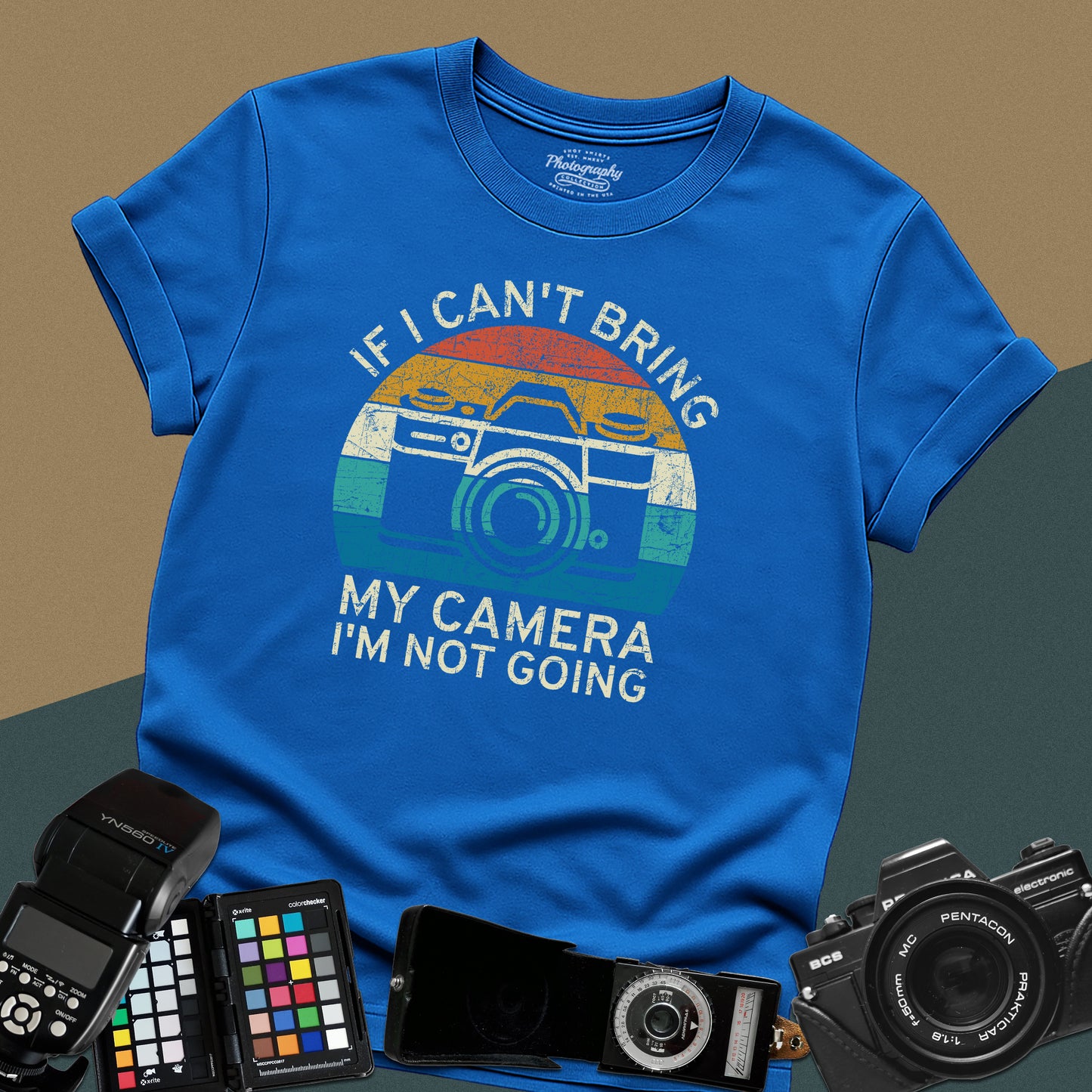0099. If I Can't Bring My Camera I'm Not Going Retro Sunset Photo Camera Unisex T-Shirt