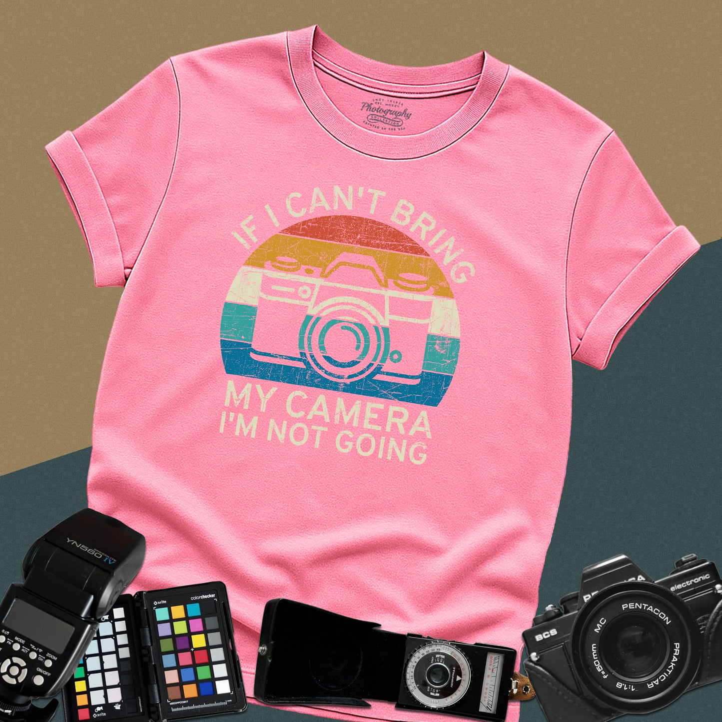 0099. If I Can't Bring My Camera I'm Not Going Retro Sunset Photo Camera Unisex T-Shirt