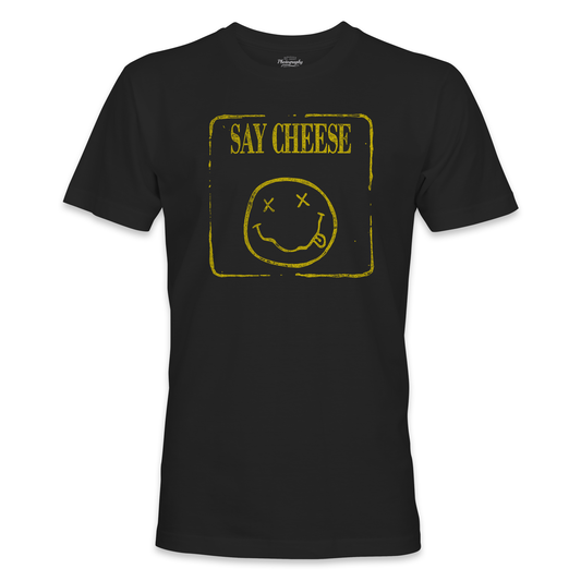 Black t-shirt with yellow 'Say Cheese' graphic on a white background