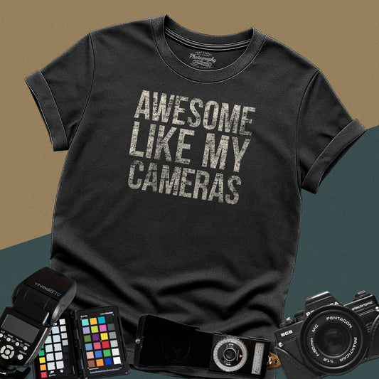Heavy distressed black t-shirt featuring a textured retro typography layout with a funny, sarcastic quote for professional gear-loving photographers.