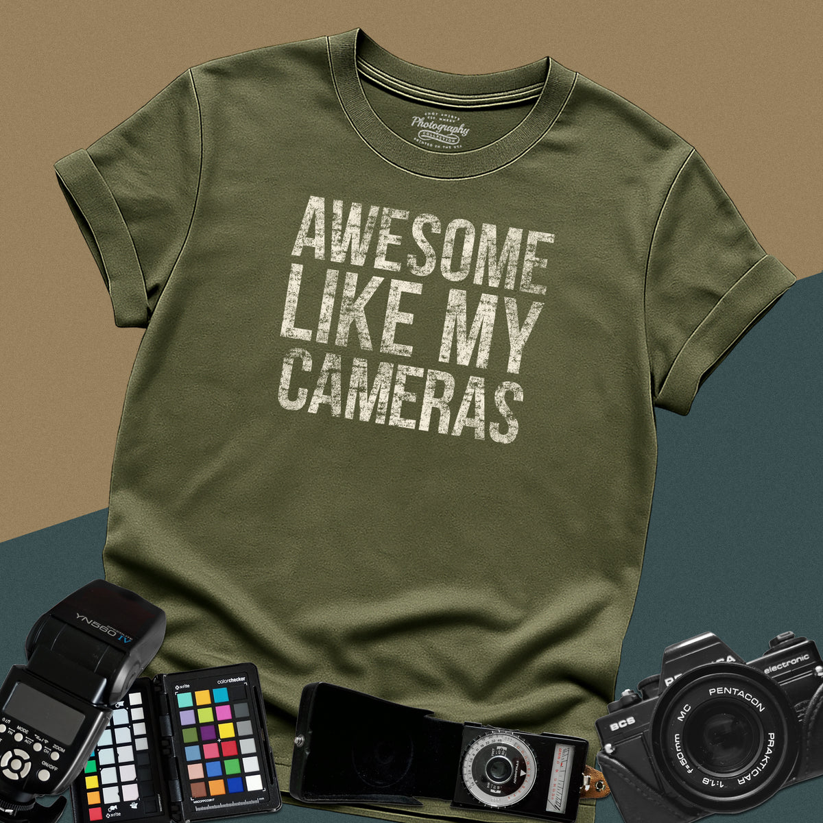 Heavy distressed military-green t-shirt featuring a textured retro typography layout with a funny sarcastic quote for professional gear-loving photographers.