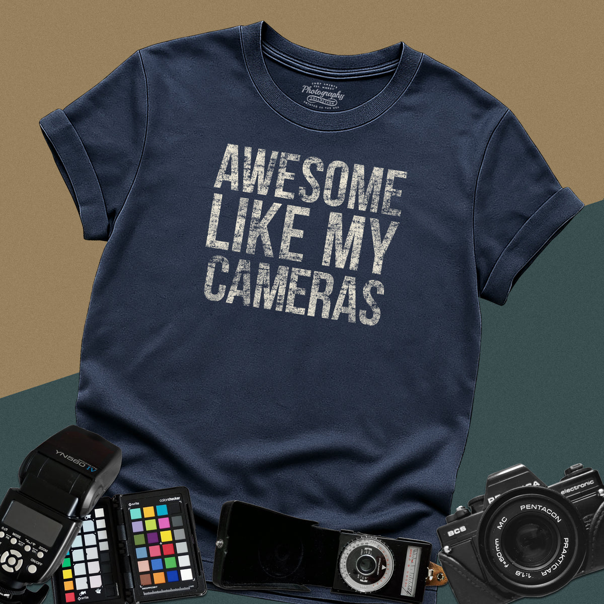 Heavy distressed navy-blue t-shirt featuring a textured retro typography layout with a funny sarcastic quote for professional gear-loving photographers.