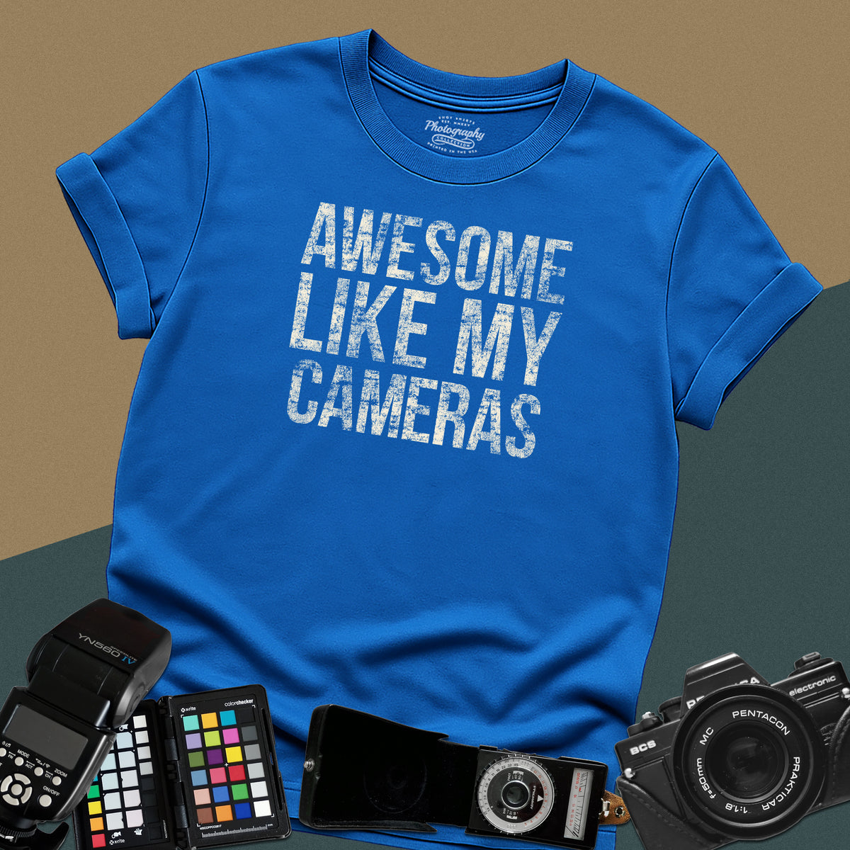 Heavy distressed royal-blue t-shirt featuring a textured retro typography layout with a funny sarcastic quote for professional gear-loving photographers.