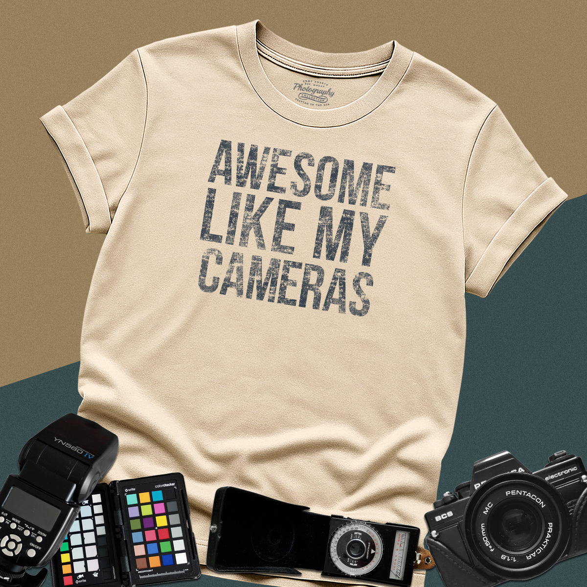 Heavy distressed sand t-shirt featuring a textured retro typography layout with a funny, sarcastic quote for professional gear-loving photographers.