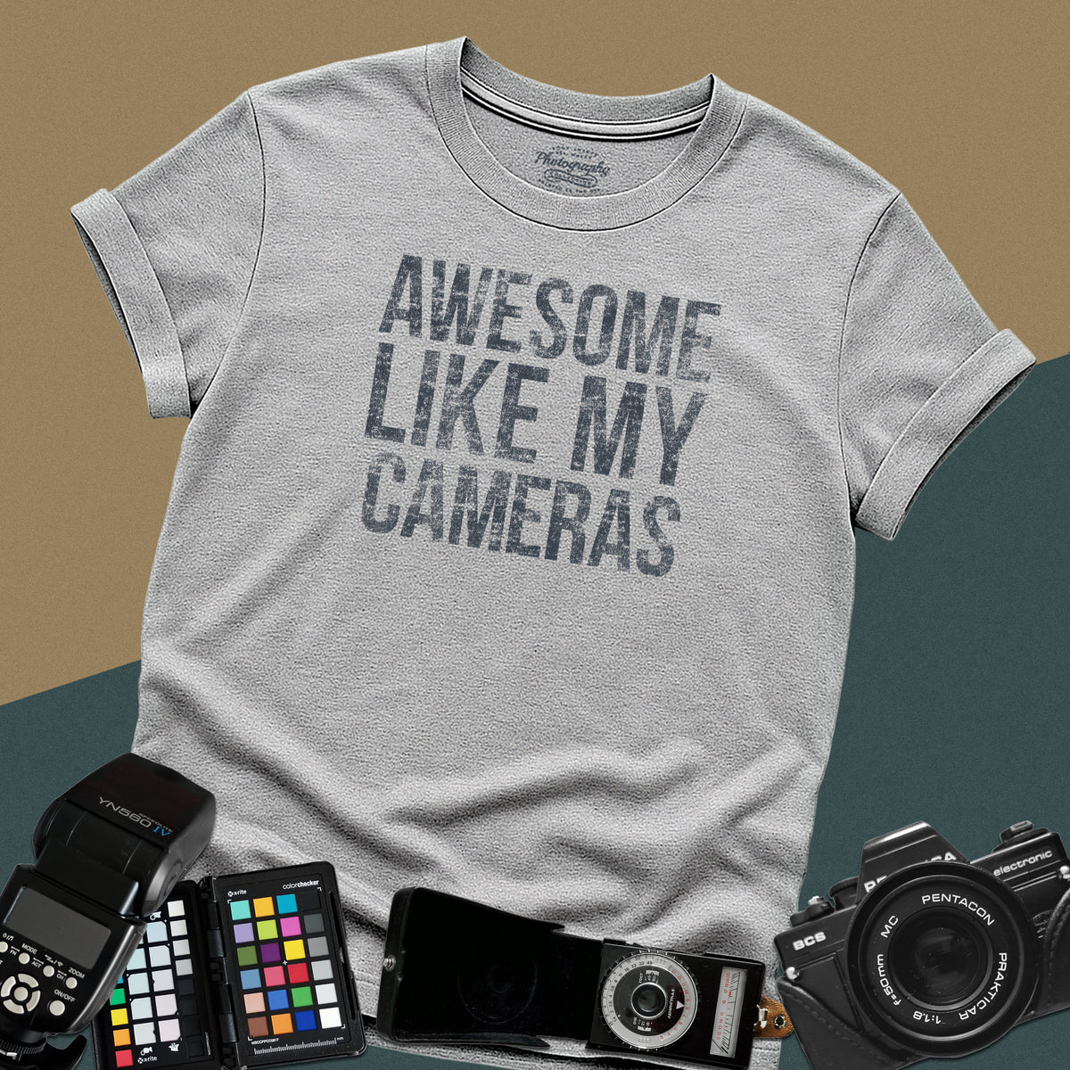 Heavy distressed sport-grey t-shirt featuring a textured retro typography layout with a funny, sarcastic quote for professional gear-loving photographers.