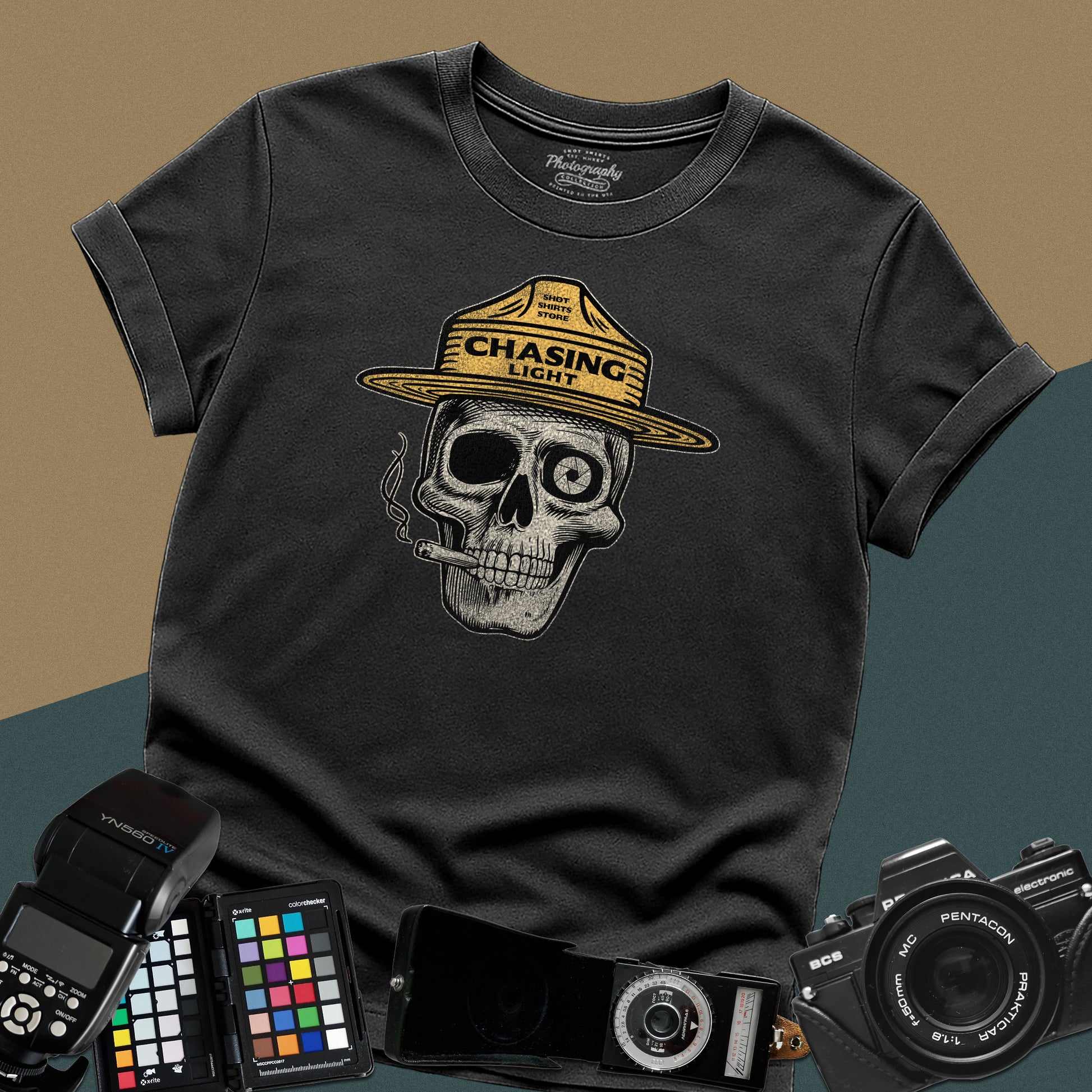 Vintage black graphic t-shirt featuring a skull wearing a park ranger hat with the text "Chasing Light" for landscape photographers.