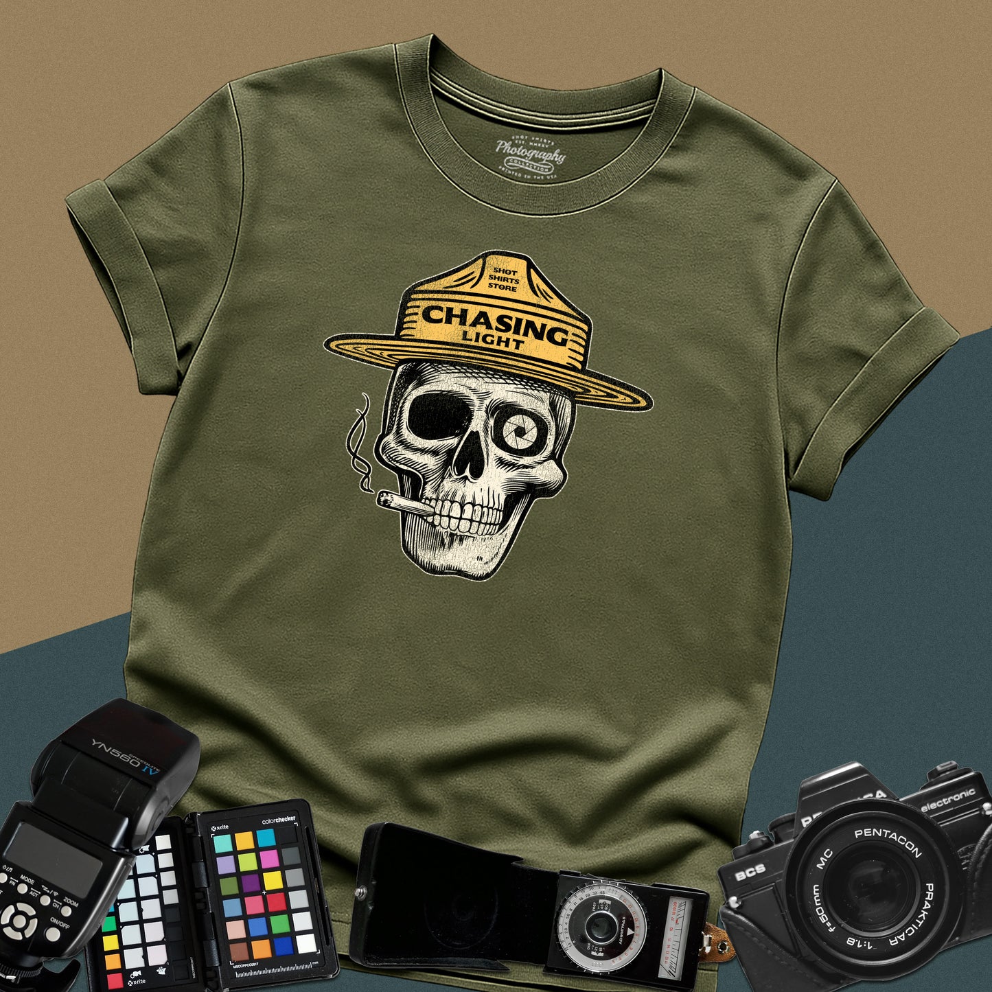Vintage military-green graphic t-shirt featuring a skull wearing a park ranger hat with the text "Chasing Light" for landscape photographers.