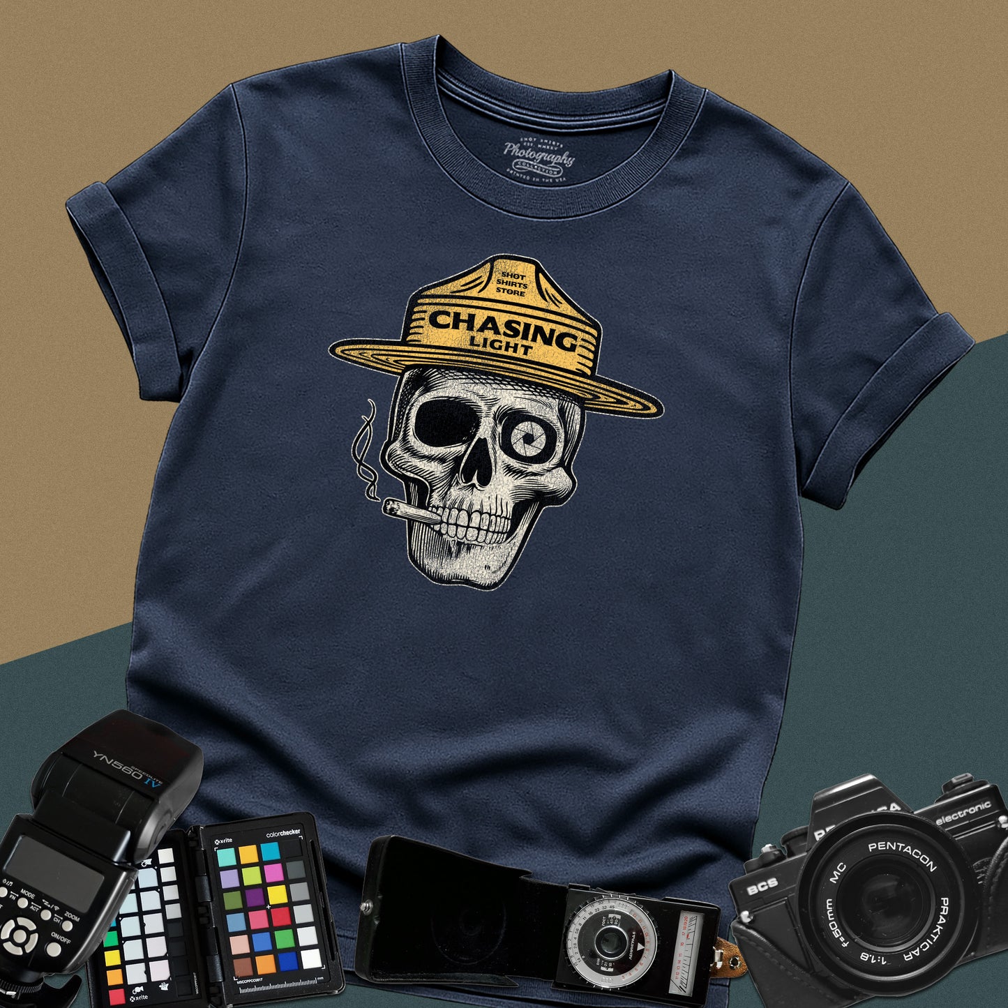 Vintage navy blue graphic t-shirt featuring a skull wearing a park ranger hat with the text "Chasing Light" for landscape photographers.