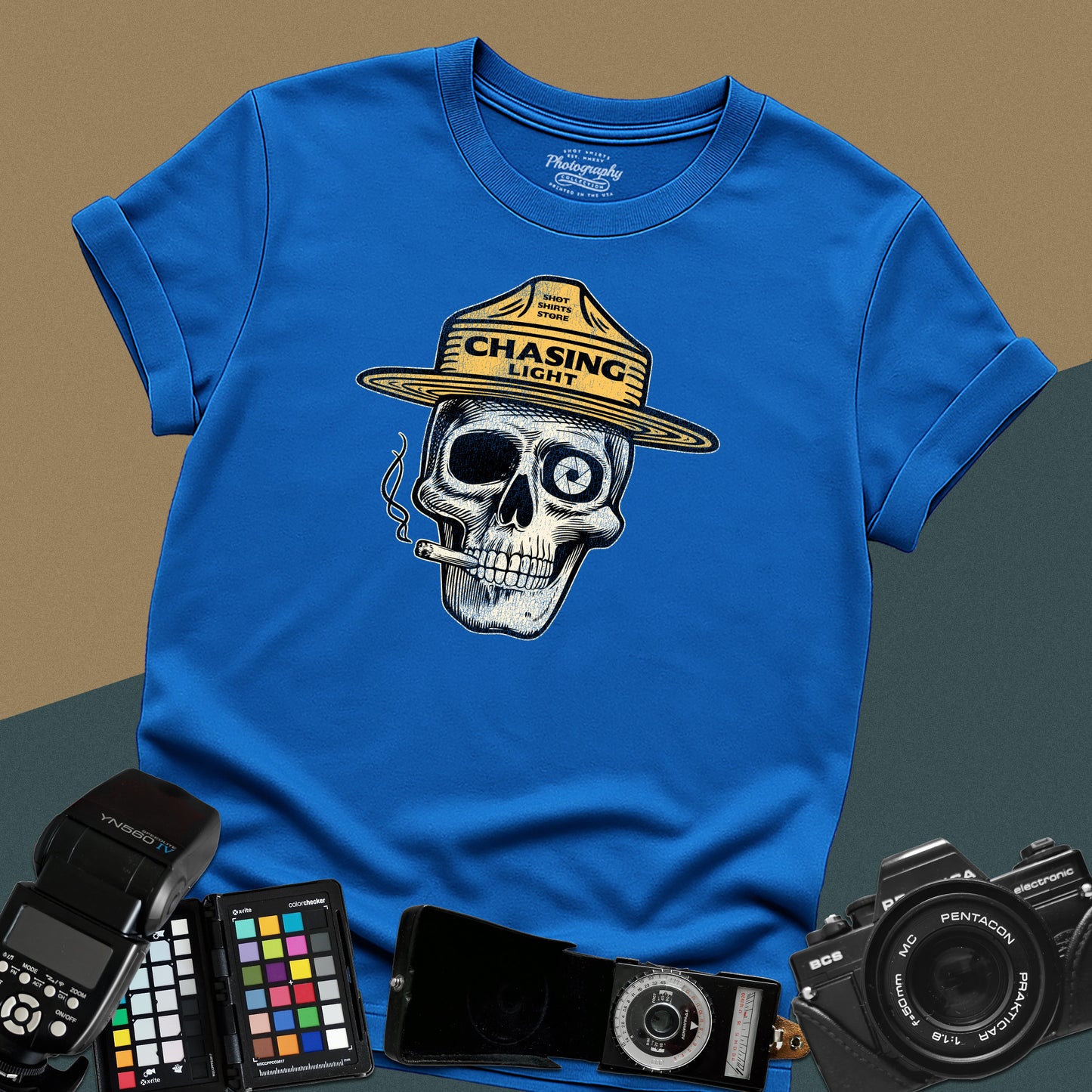 Vintage royal blue graphic t-shirt featuring a skull wearing a park ranger hat with the text "Chasing Light" for landscape photographers.