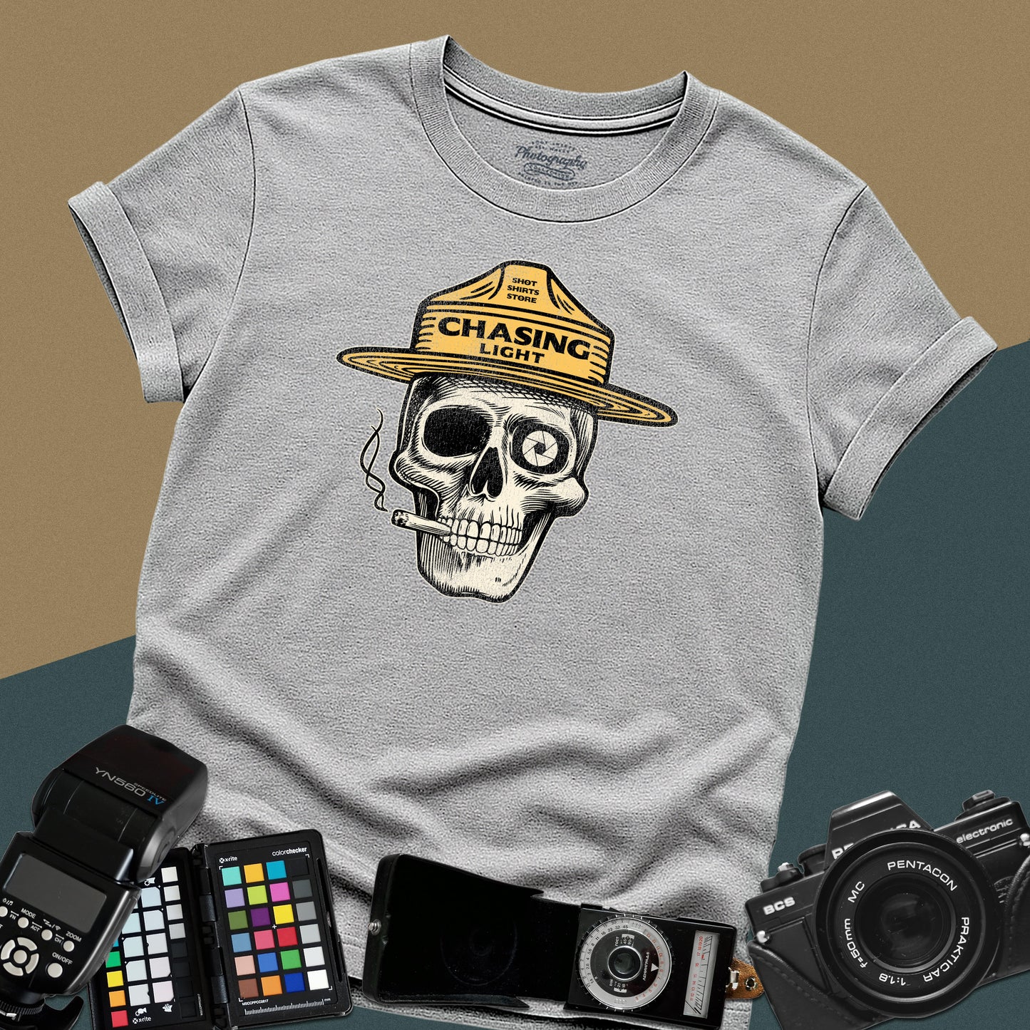 Vintage sport-grey graphic t-shirt featuring a skull wearing a park ranger hat, with the text "Chasing Light" for landscape photographers.