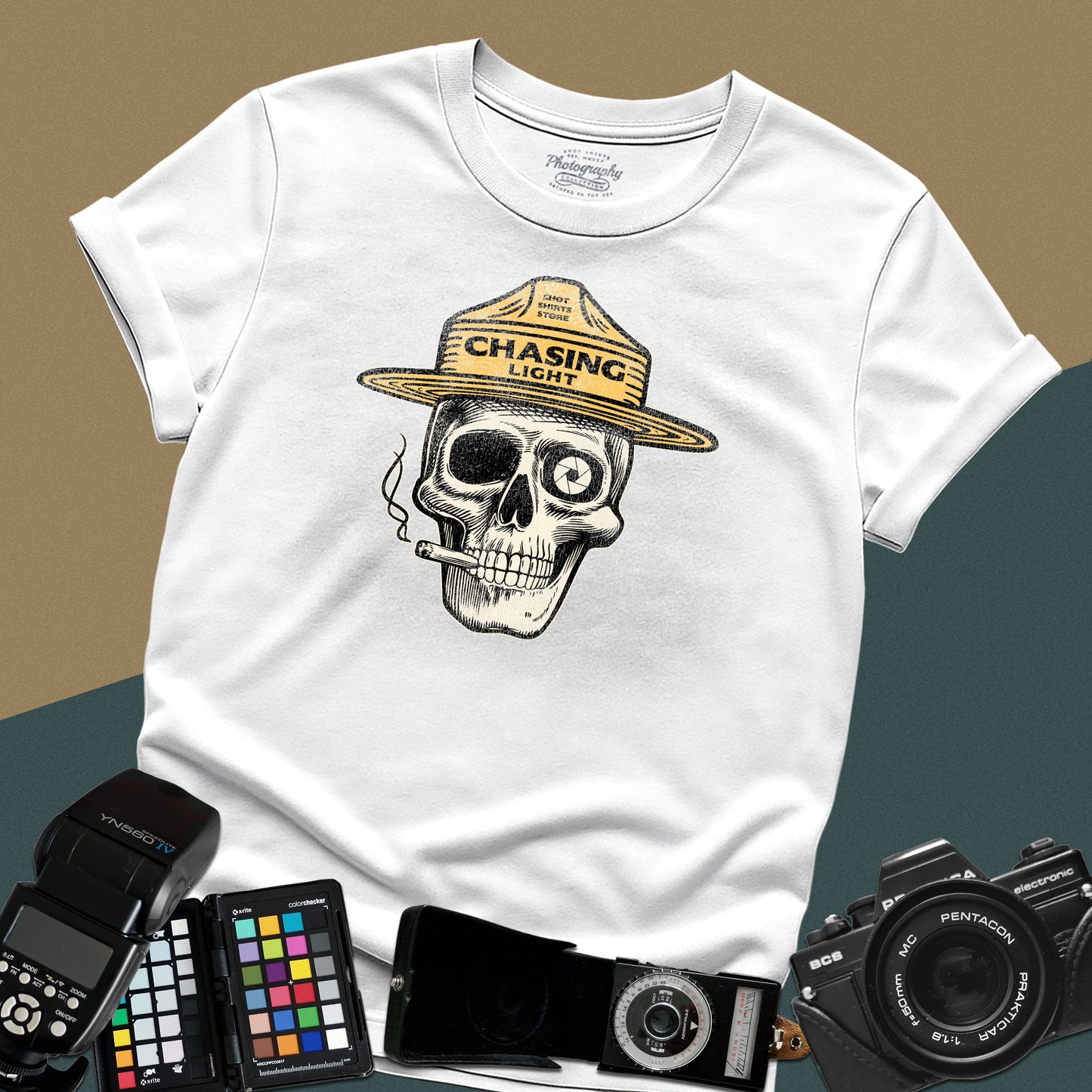 Vintage white graphic t-shirt featuring a skull wearing a park ranger hat with the text "Chasing Light" for landscape photographers.