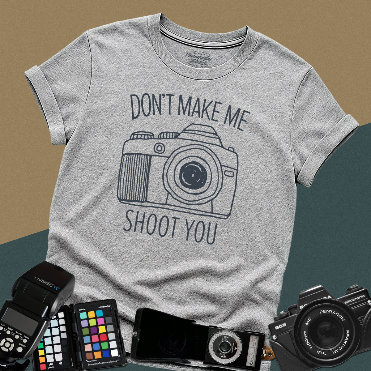 Heavy distressed sport-grey t-shirt featuring a detailed retro DSLR camera graphic with a funny, sarcastic typography quote for professional visual creators.