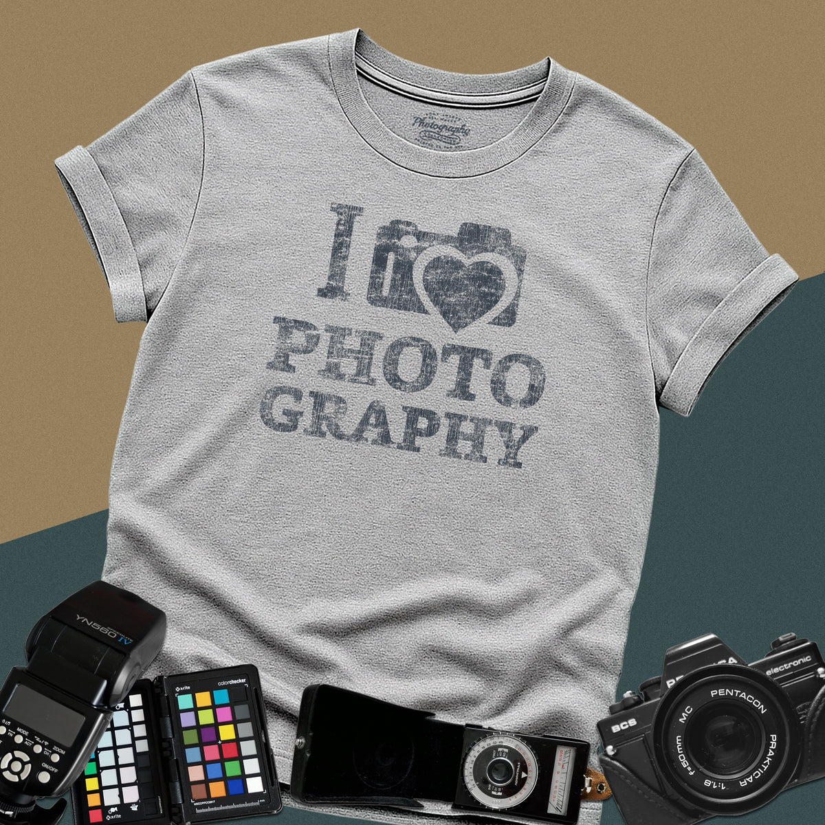 Heavy distressed sport-grey t-shirt featuring a retro camera icon with an integrated heart silhouette and bold split typography text "I Love Photography".