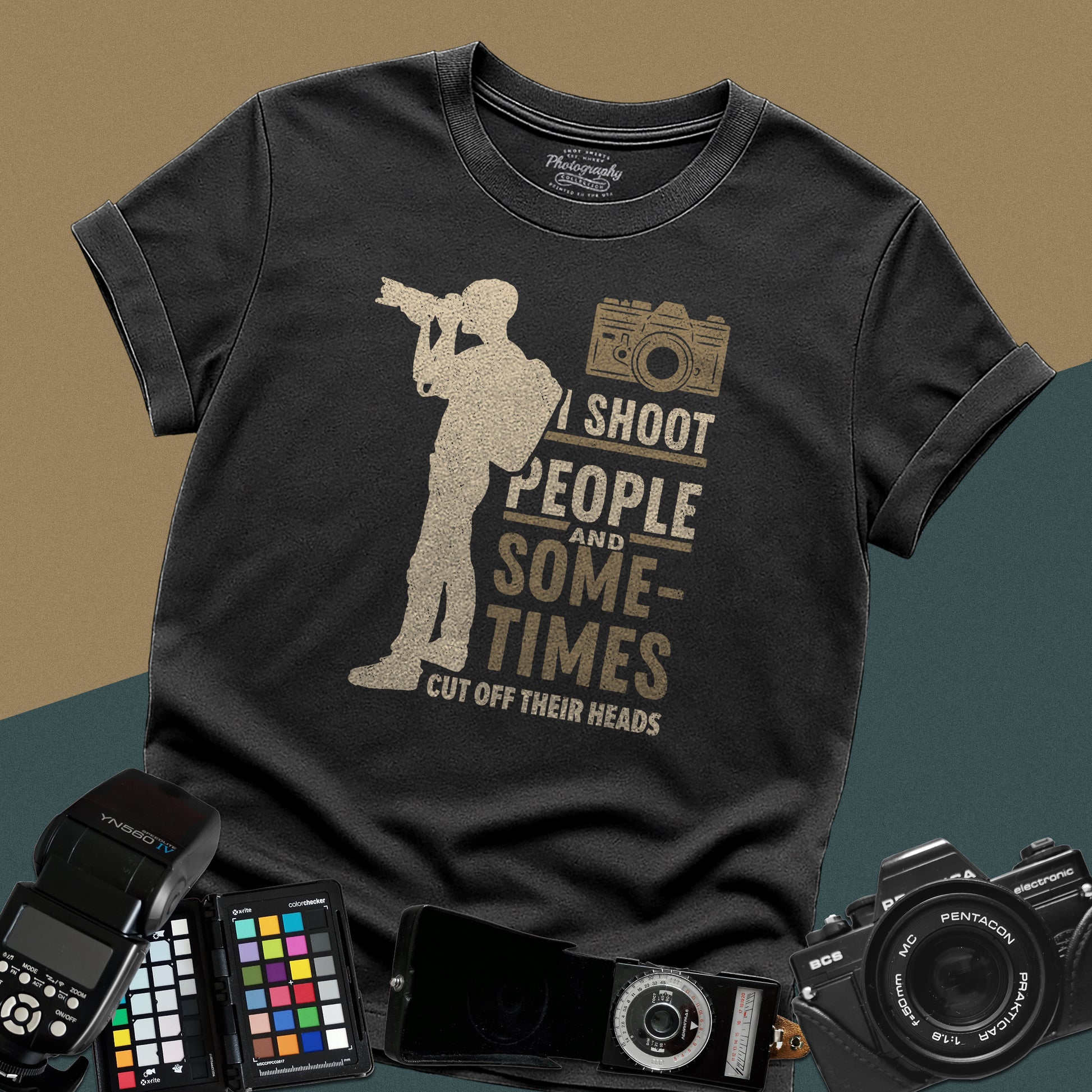 Graphic black t-shirt featuring a full-body silhouette of a photographer with a backpack and telephoto lens next to the text "I shoot people".