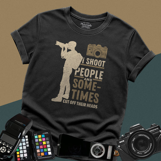 Graphic black t-shirt featuring a full-body silhouette of a photographer with a backpack and telephoto lens next to the text "I shoot people".