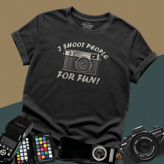 Distressed black t-shirt featuring a vintage camera illustration with arched text I Shoot People For Fun for professional street photographers.