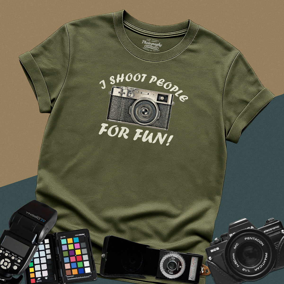Distressed military-green t-shirt featuring a vintage camera illustration with arched text I Shoot People For Fun for professional street photographers.