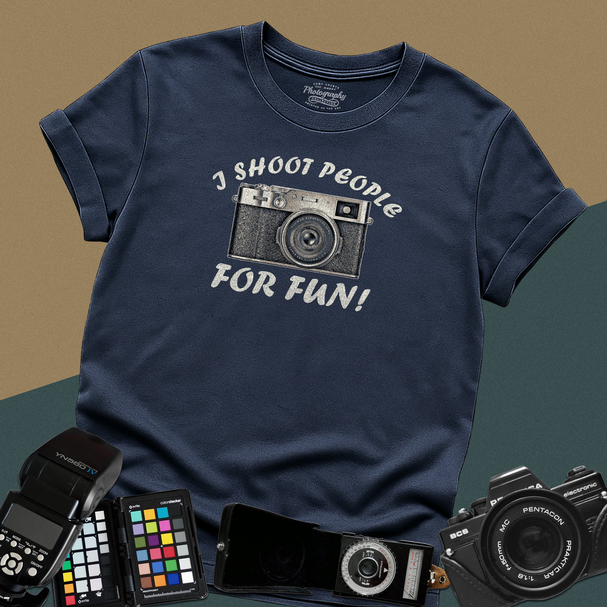 Distressed navy-blue t-shirt featuring a vintage camera illustration with arched text I Shoot People For Fun for professional street photographers.