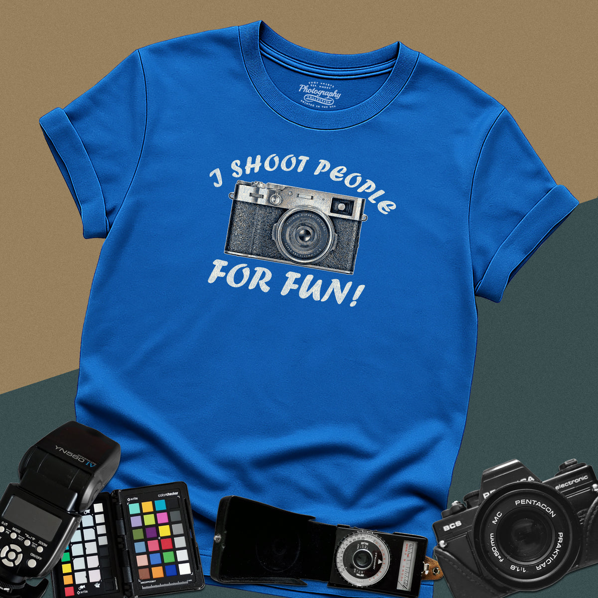 Distressed royal-blue t-shirt featuring a vintage camera illustration with arched text I Shoot People For Fun for professional street photographers.