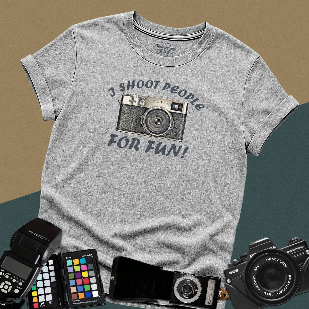 Distressed sport-grey t-shirt featuring a vintage camera illustration with arched text I Shoot People For Fun for professional street photographers.
